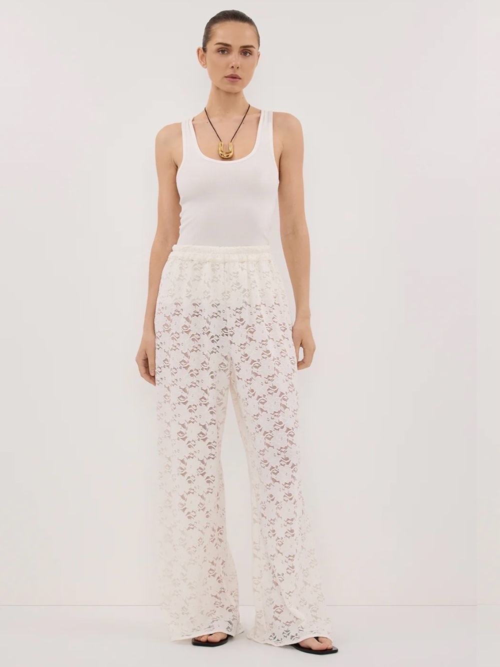 DISSH NWT Loula White Lace Pant Wide Leg High-Rise Sheer See-Through Floral